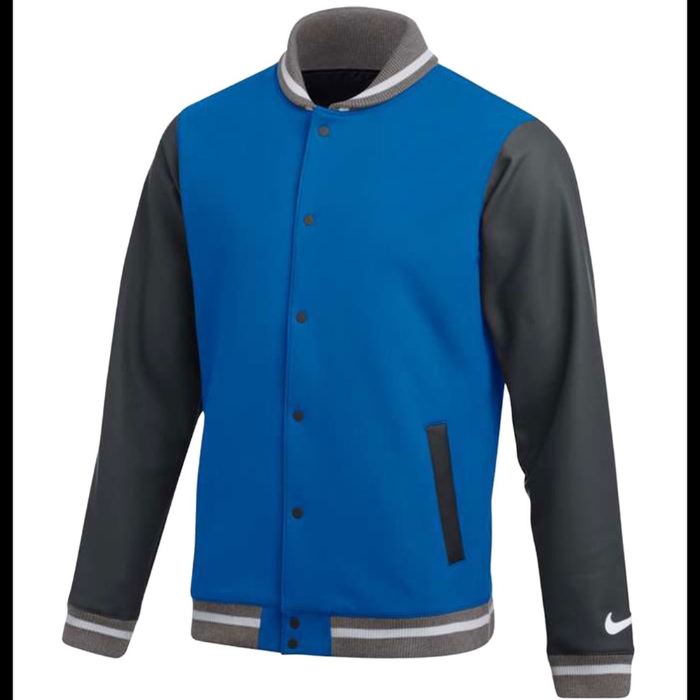 NWT NIKE MENS TEAM ROYAL LETTERMAN JACKET POCKETS BUTTONS XL BLUE GRAY WHITE